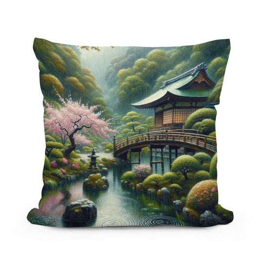 Tranquil Rain in Kyoto Cotton Cushion - Main Image