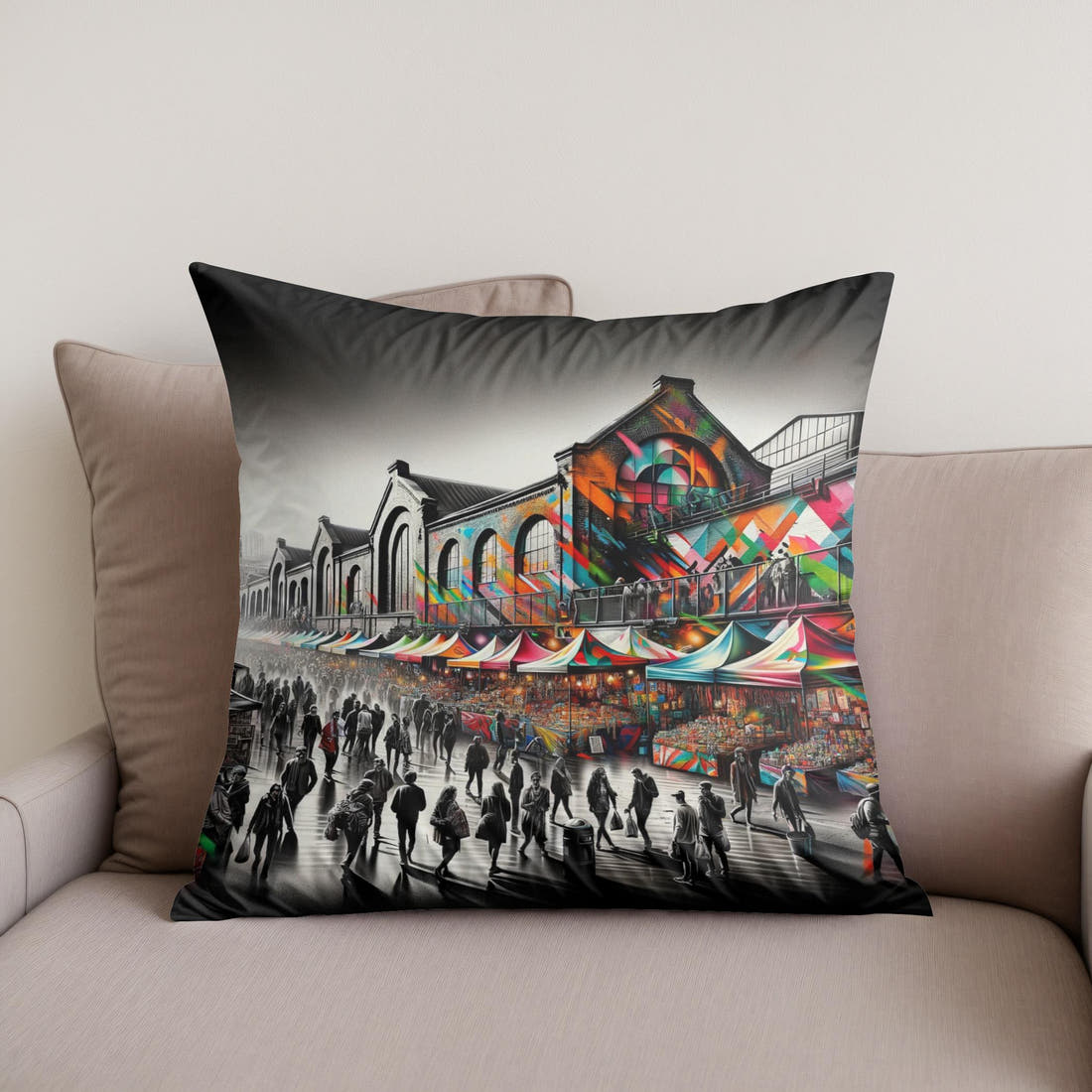 London Camden Market Modernist Fusion Cotton Cushion - Secondary Image