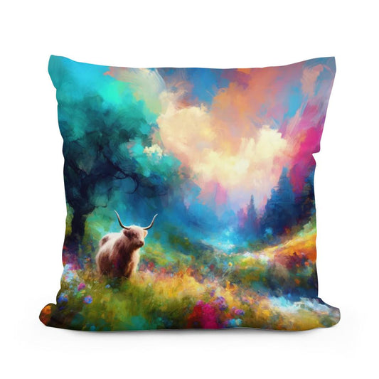 Vivid Highland Cow Escape Cotton Pillow - Main Image