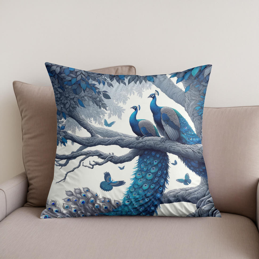 Blue Majesty Peacock Display Cotton Cushion - Secondary Image