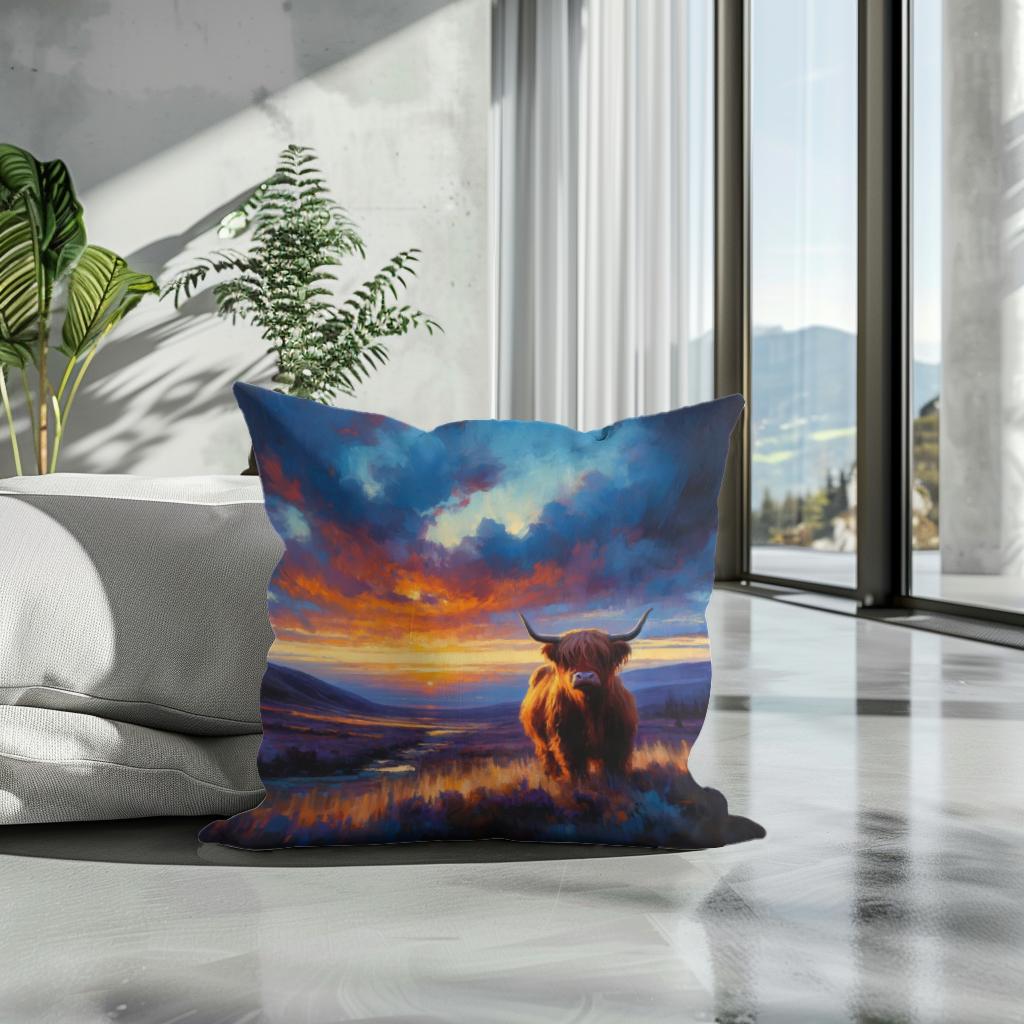 Twilight Contrast Highland Cow Cotton Pillow - Secondary Image 3