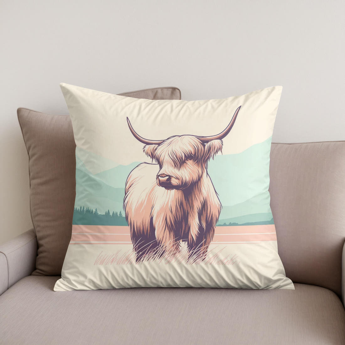 Pastel Highland Cow Minimalism Cotton Cushion - Secondary Image