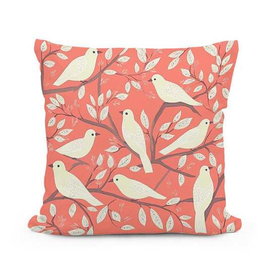 Coral Cream Bird Folk Art Cotton Cushion - Main Image