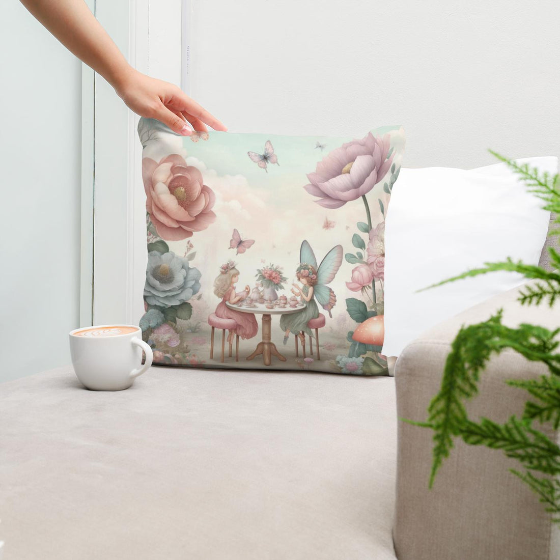 Fairy Garden Tea Party Cotton Pillow - Secondary Image 5