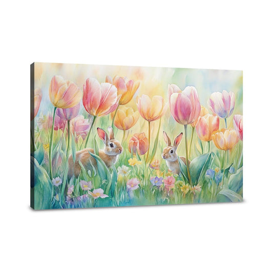 Tulip Meadow and Rabbits Canvas - Main Image