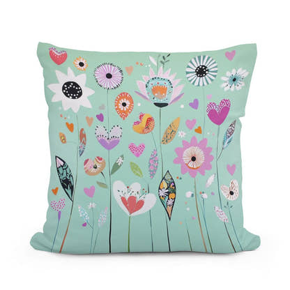 Mint Green Folk Flower Cotton Cushion - Main Image
