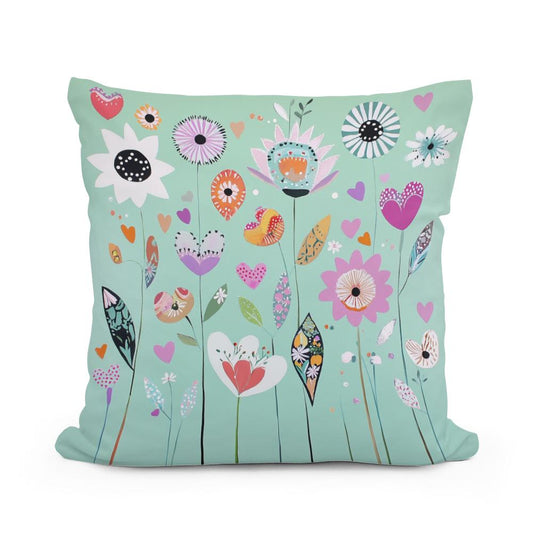Mint Green Folk Flower Cotton Cushion - Main Image