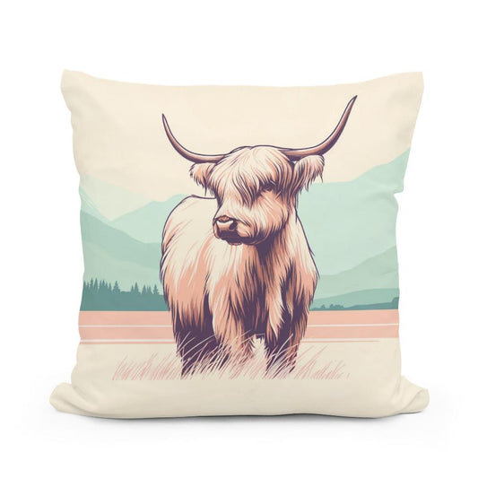 Pastel Highland Cow Minimalism Cotton Cushion - Main Image