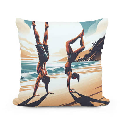 Seaside Acrobatics: Joyful Balance Cotton Cushion - Main Image