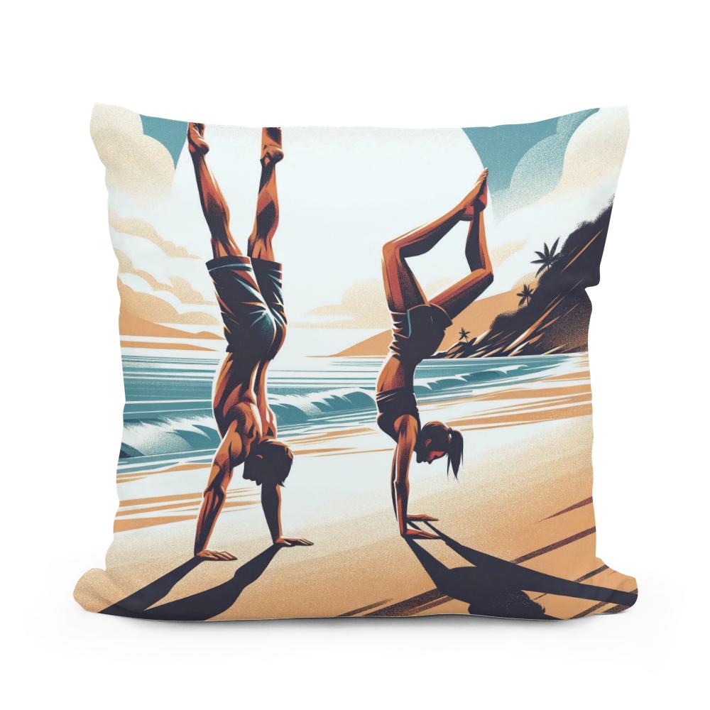Seaside Acrobatics: Joyful Balance Cotton Cushion - Main Image