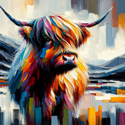 Vibrant Highland Cow Abstract Cotton Pillow