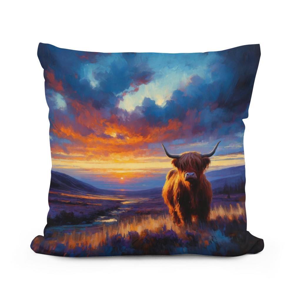 Twilight Contrast Highland Cow Cotton Pillow - Main Image