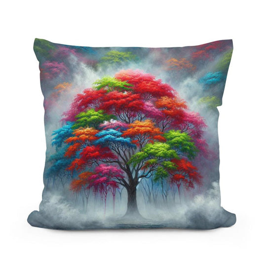 Vibrant Tree in Fog Cotton Pillow - Main Image