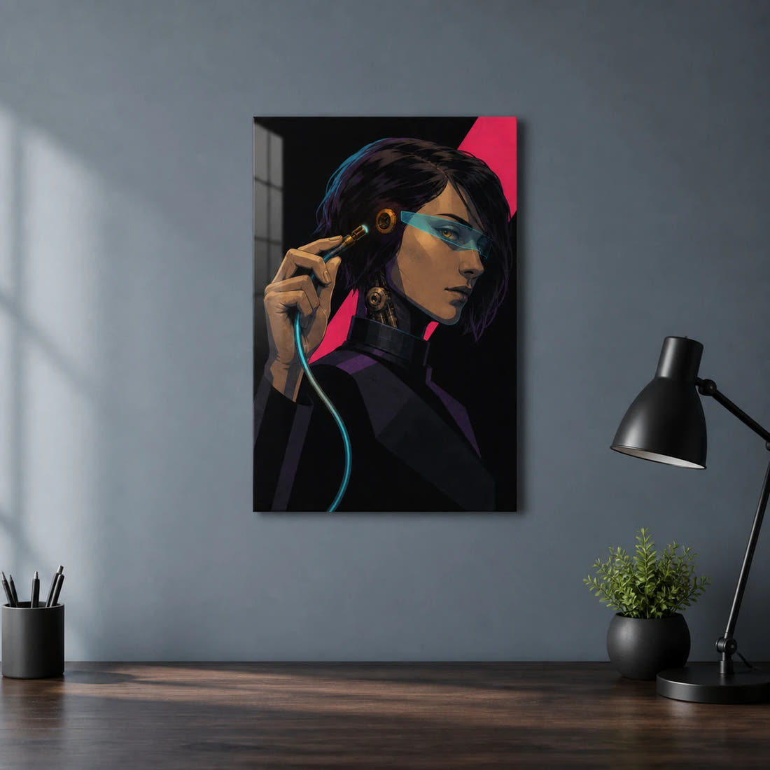 Choosing Offline acrylic print in a home office
