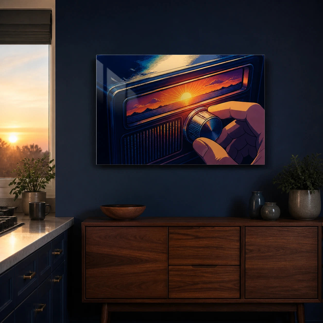Tune The Morning acrylic print in a kitchen