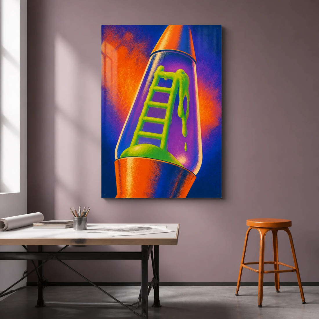 Ladder Through Lava acrylic print in a creative studio
