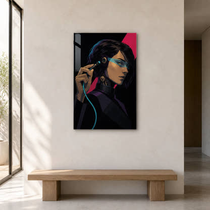 Choosing Offline acrylic print in a hallway