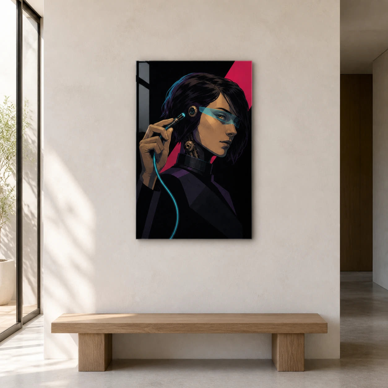 Choosing Offline acrylic print in a hallway