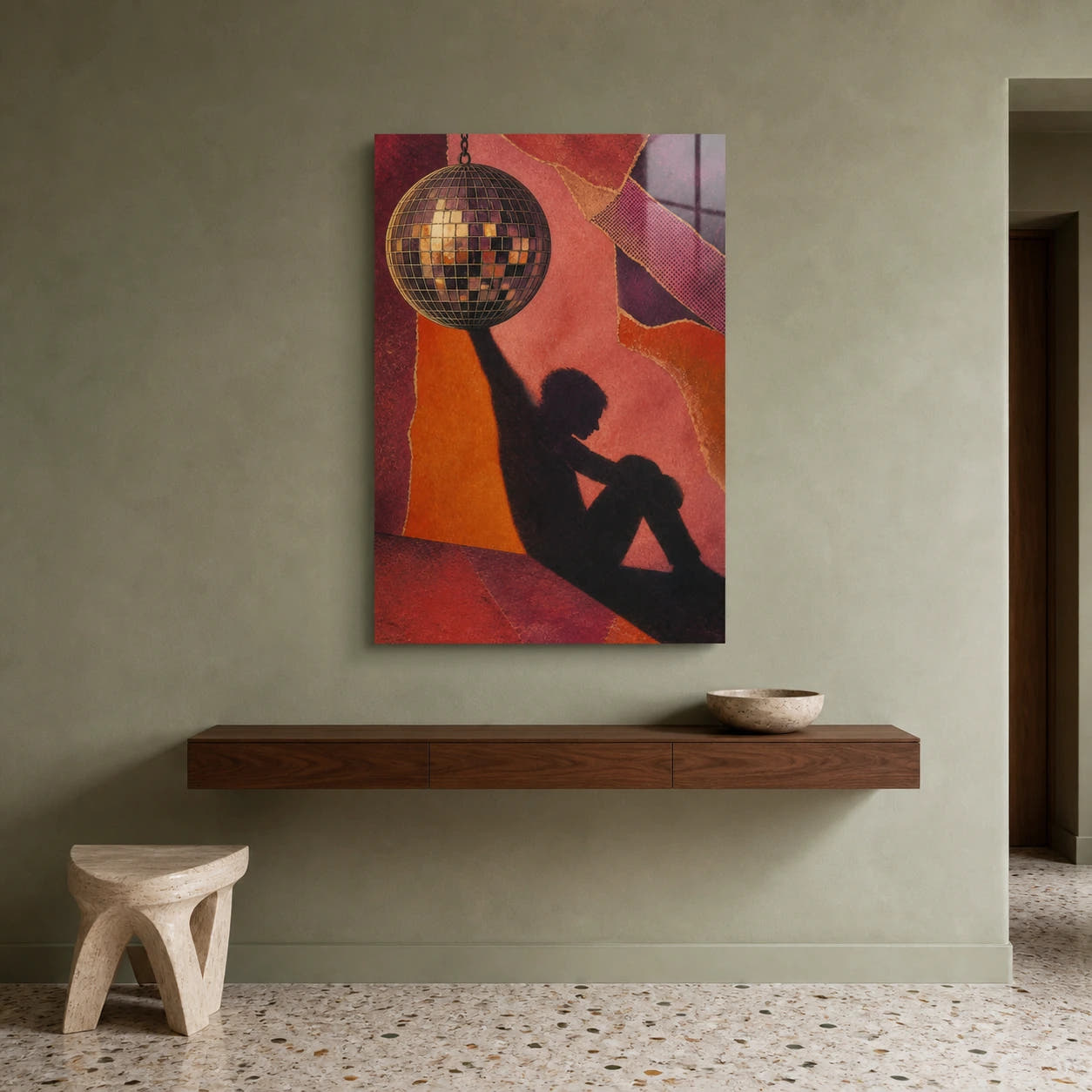 After The Party acrylic print in a minimalist hall