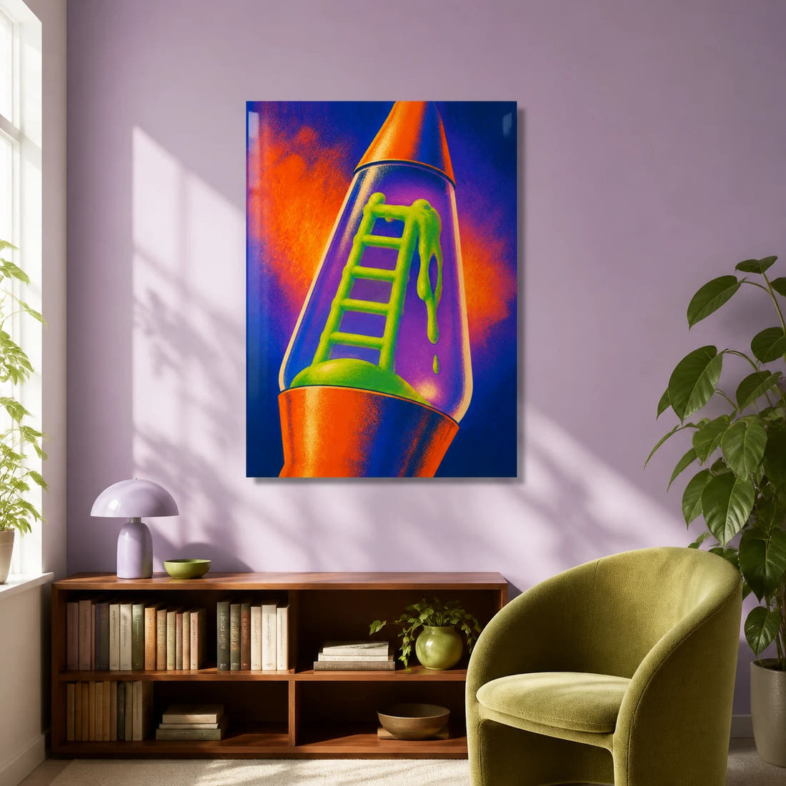 Ladder Through Lava acrylic print in a reading nook