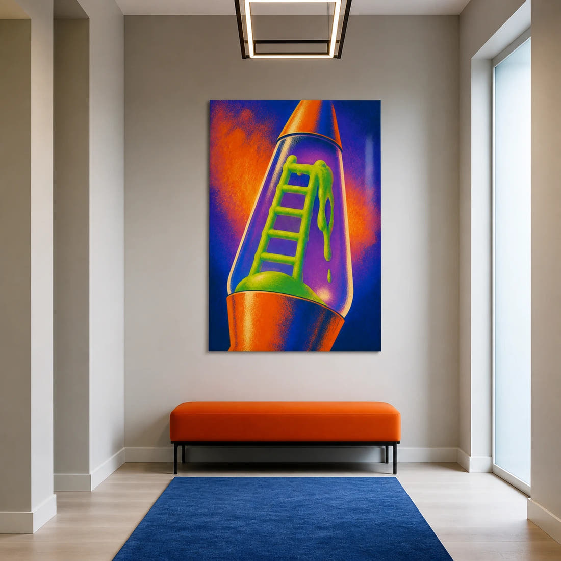 Ladder Through Lava acrylic print in a hallway