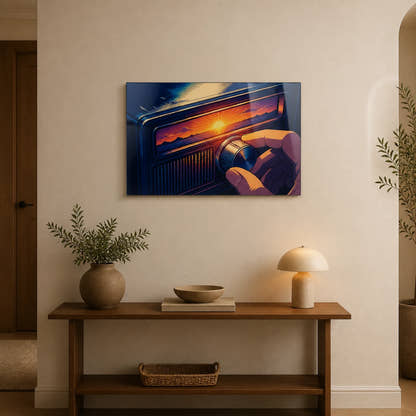Tune The Morning acrylic print in a hallway
