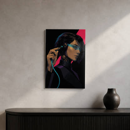 Choosing Offline acrylic print in a concrete foyer