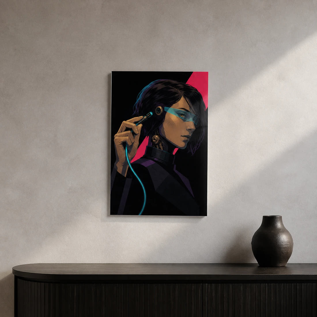 Choosing Offline acrylic print in a concrete foyer