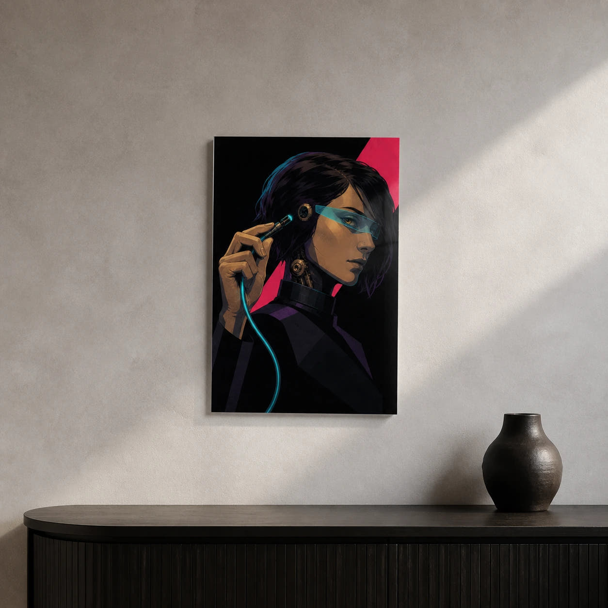 Choosing Offline acrylic print in a concrete foyer