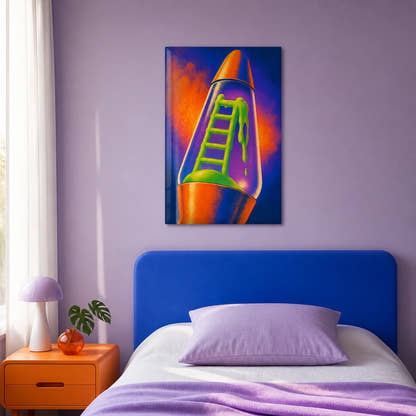 Ladder Through Lava acrylic print in a guest bedroom