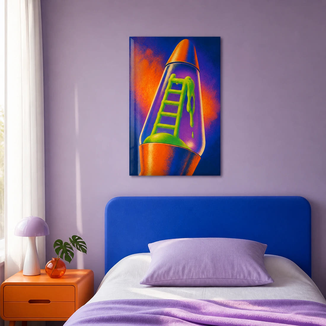 Ladder Through Lava acrylic print in a guest bedroom