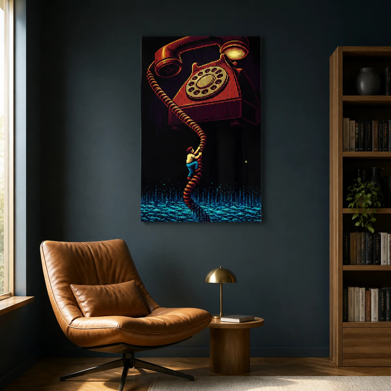 Hold The Line acrylic print in a reading nook