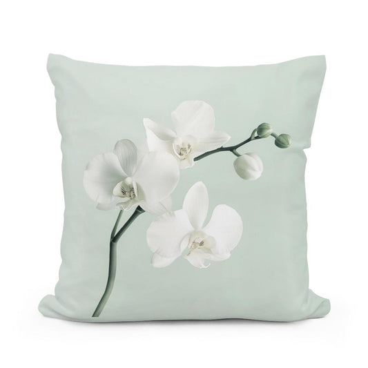 White Orchid on Mint Cotton Cushion - Main Image