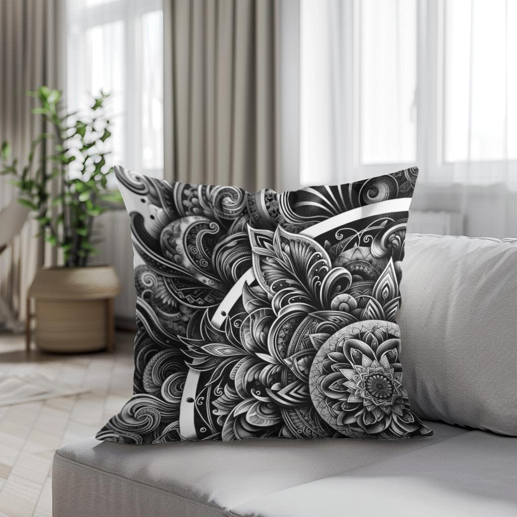 Inked Grace: Silver Line Elegance Cotton Cushion - Secondary Image 4
