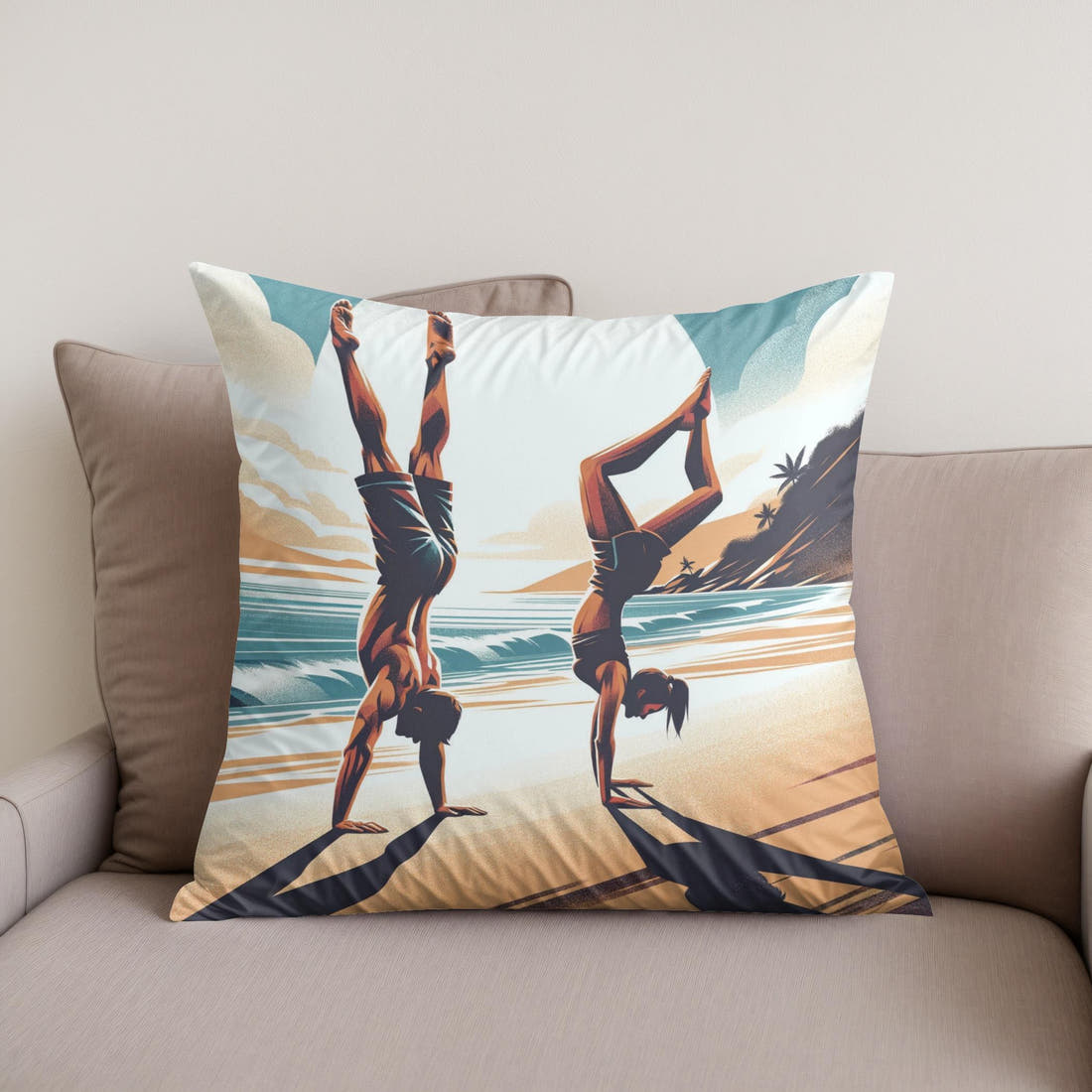 Seaside Acrobatics: Joyful Balance Cotton Cushion - Secondary Image