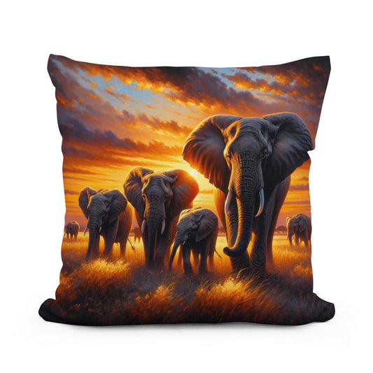 Elephant Savannah Sunset Cotton Pillow - Main Image