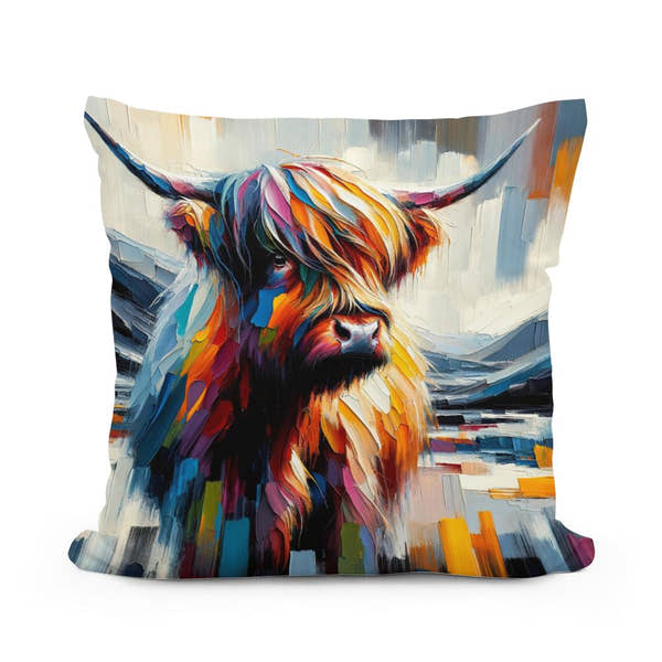 Vibrant Highland Cow Abstract Cotton Pillow - Main Image