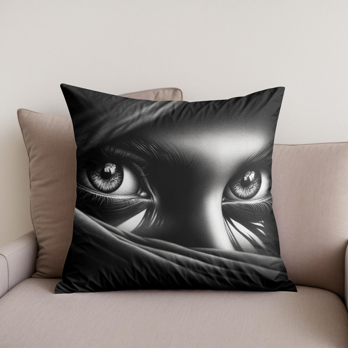 Mystery Gaze: Shadowed Eyes Cotton Cushion - Secondary Image