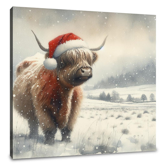 Highland Christmas Cow Watercolour Canvas - Main Image