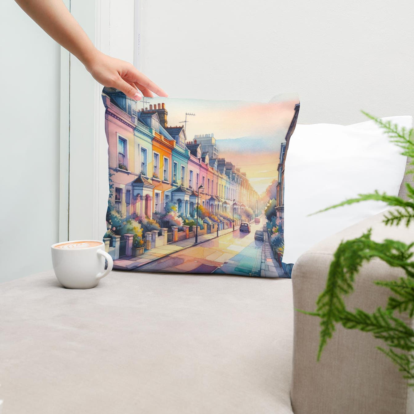 London Notting Hill Morning Watercolor Cotton Cushion - Secondary Image 5