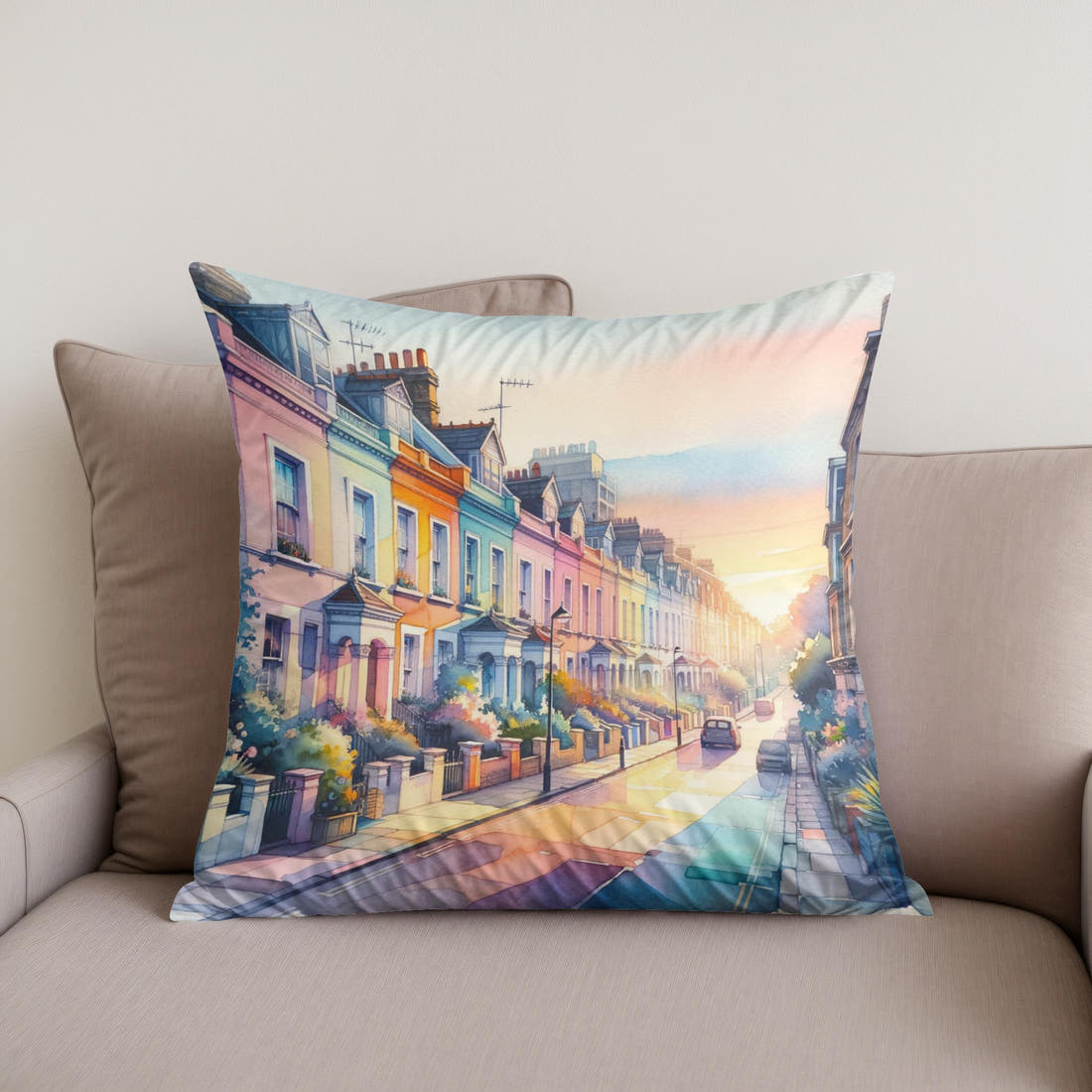 London Notting Hill Morning Watercolor Cotton Cushion - Secondary Image