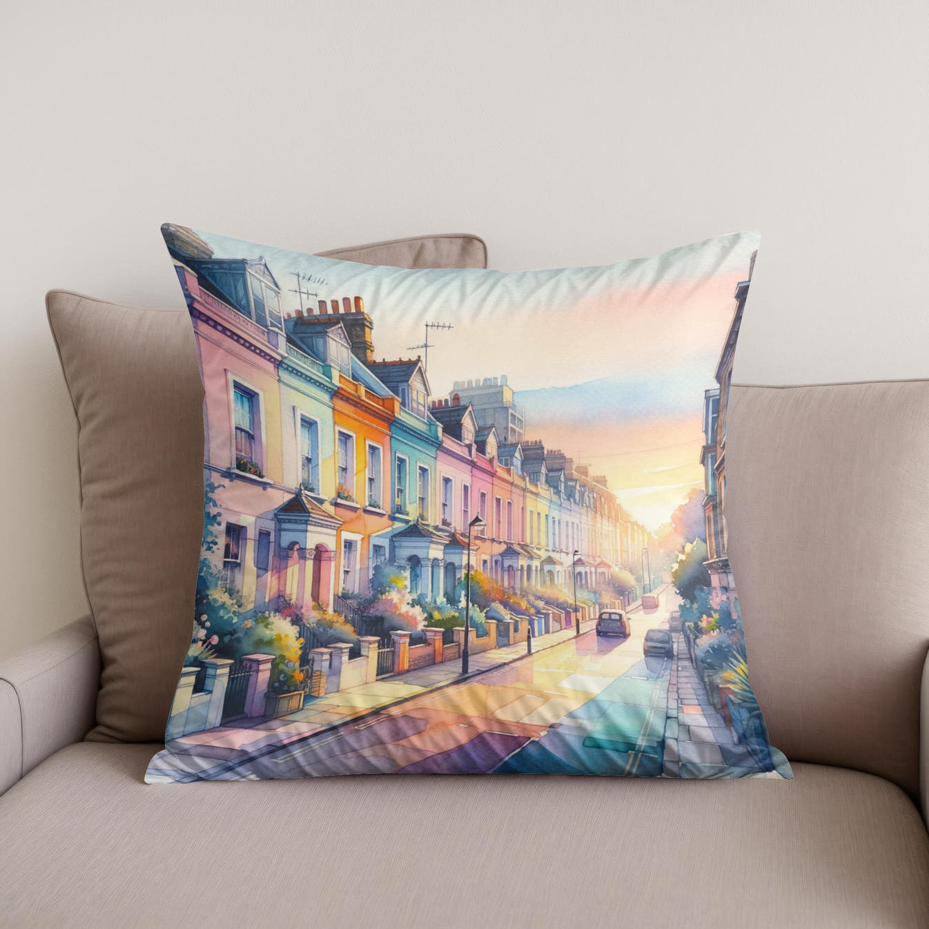 London Notting Hill Morning Watercolor Cotton Cushion - Secondary Image