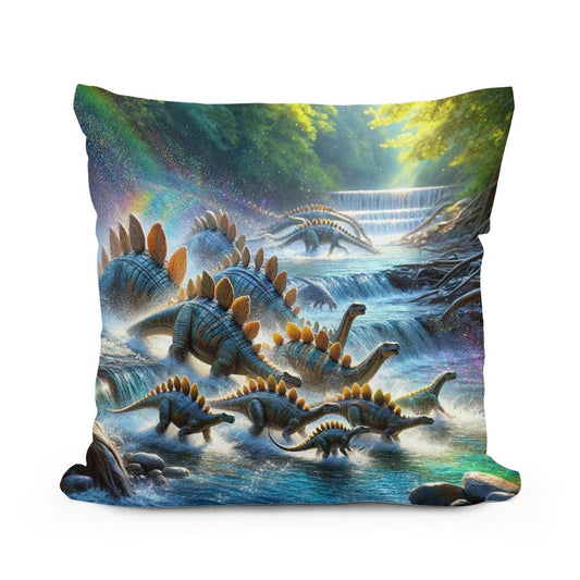 River Crossing Stegosaurus Cotton Pillow - Main Image