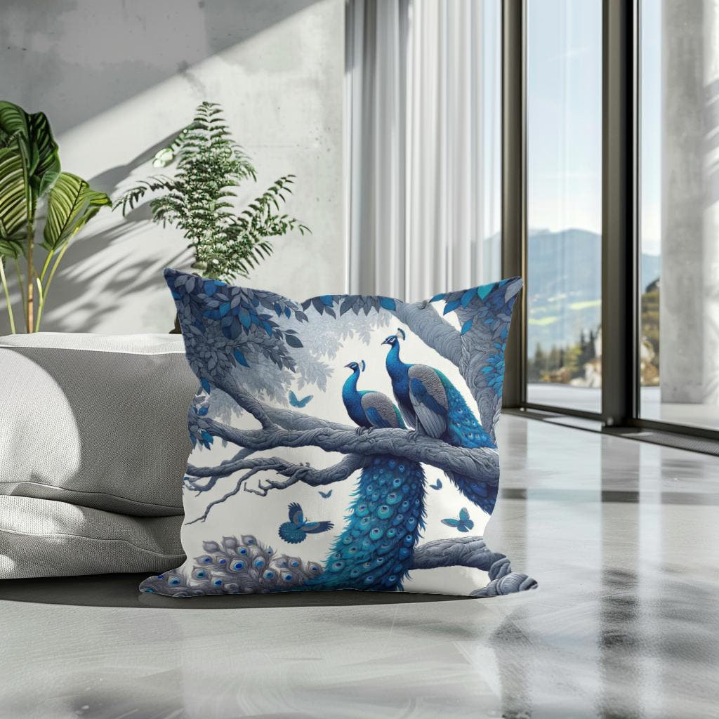 Blue Majesty Peacock Display Cotton Cushion - Secondary Image 3