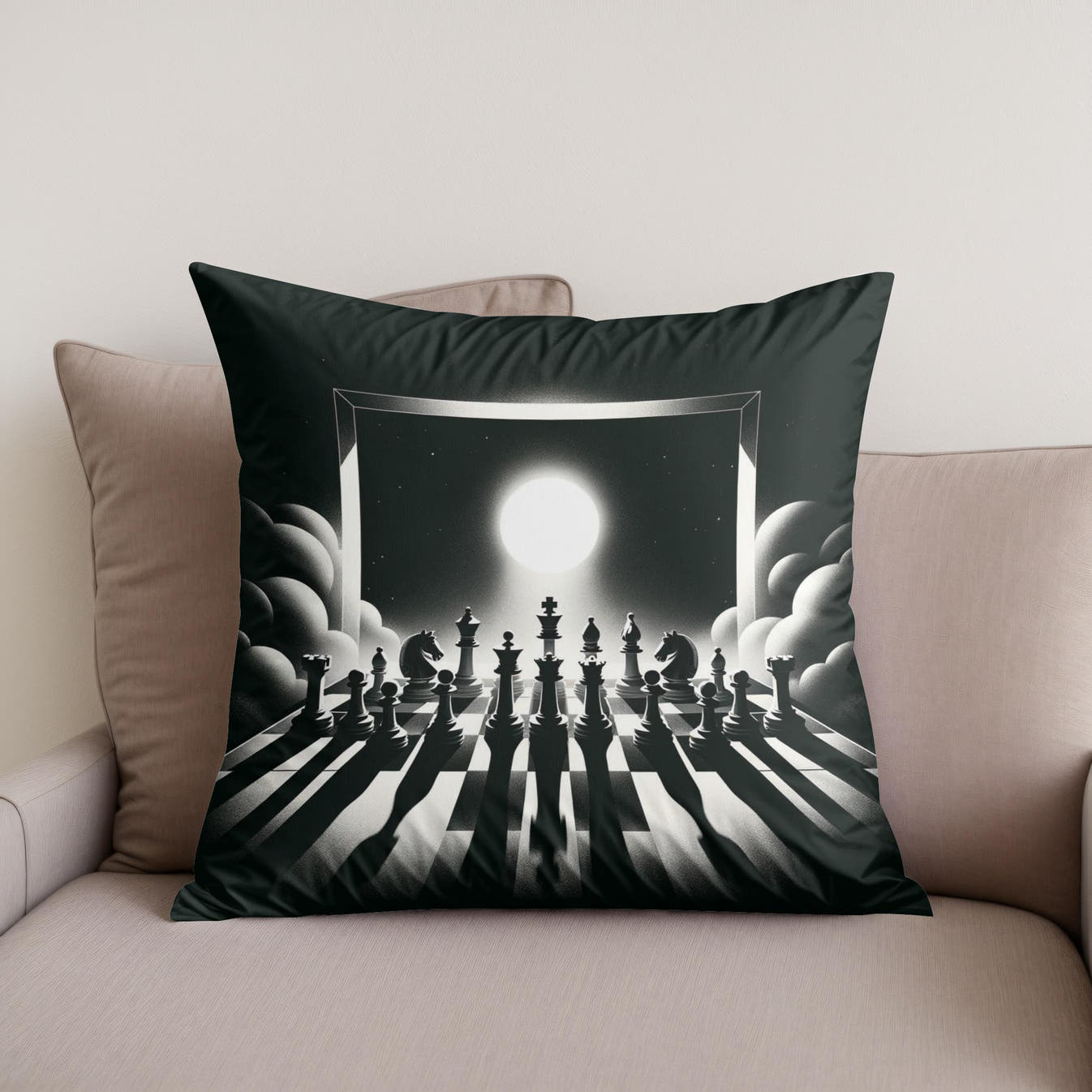 Strategic Shadows: Chessboard Cotton Cushion - Secondary Image