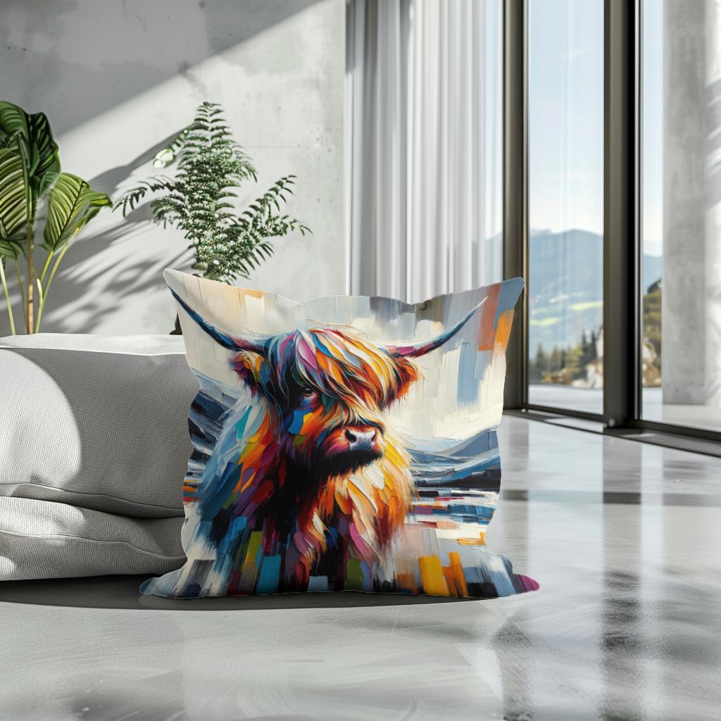 Vibrant Highland Cow Abstract Cotton Pillow - Secondary Image 3
