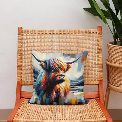 Vibrant Highland Cow Abstract Cotton Pillow - Secondary Image 2