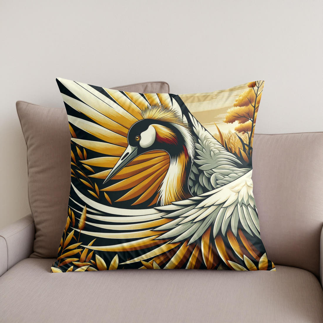 Golden Crane Elegance Cotton Cushion - Secondary Image