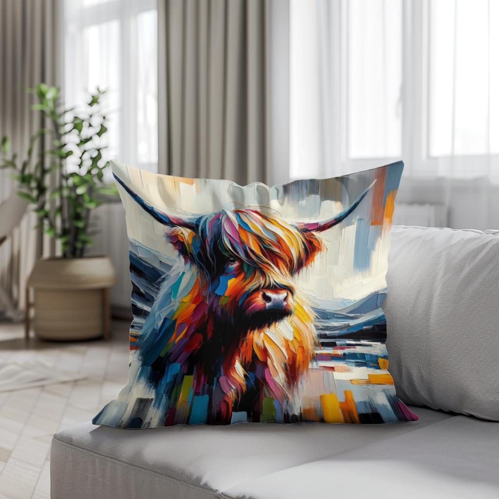 Vibrant Highland Cow Abstract Cotton Pillow - Secondary Image 4