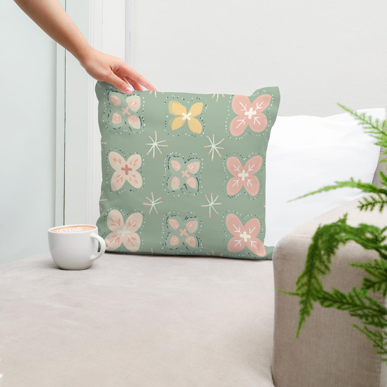 Pistachio Modern Folk Art Cotton Cushion - Secondary Image 5